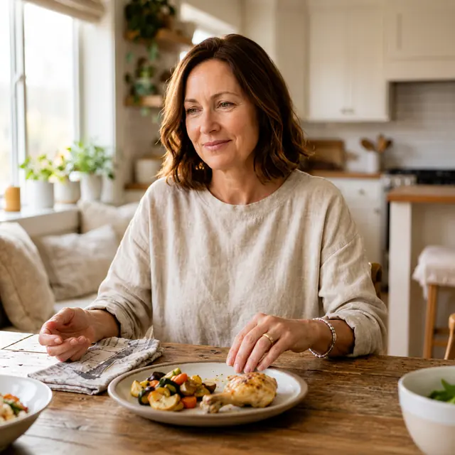 Woman finishing a meal at home, relaxed