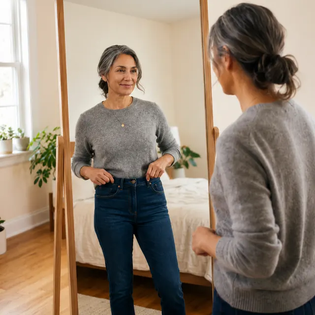 Woman adjusting her clothing in front of a mirror